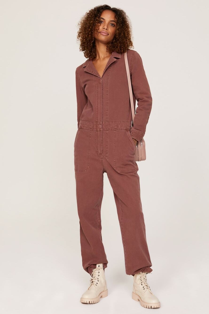 Faherty Overland Twill Organic Cotton Long Sleeve Straight Leg Brown Jumpsuit M